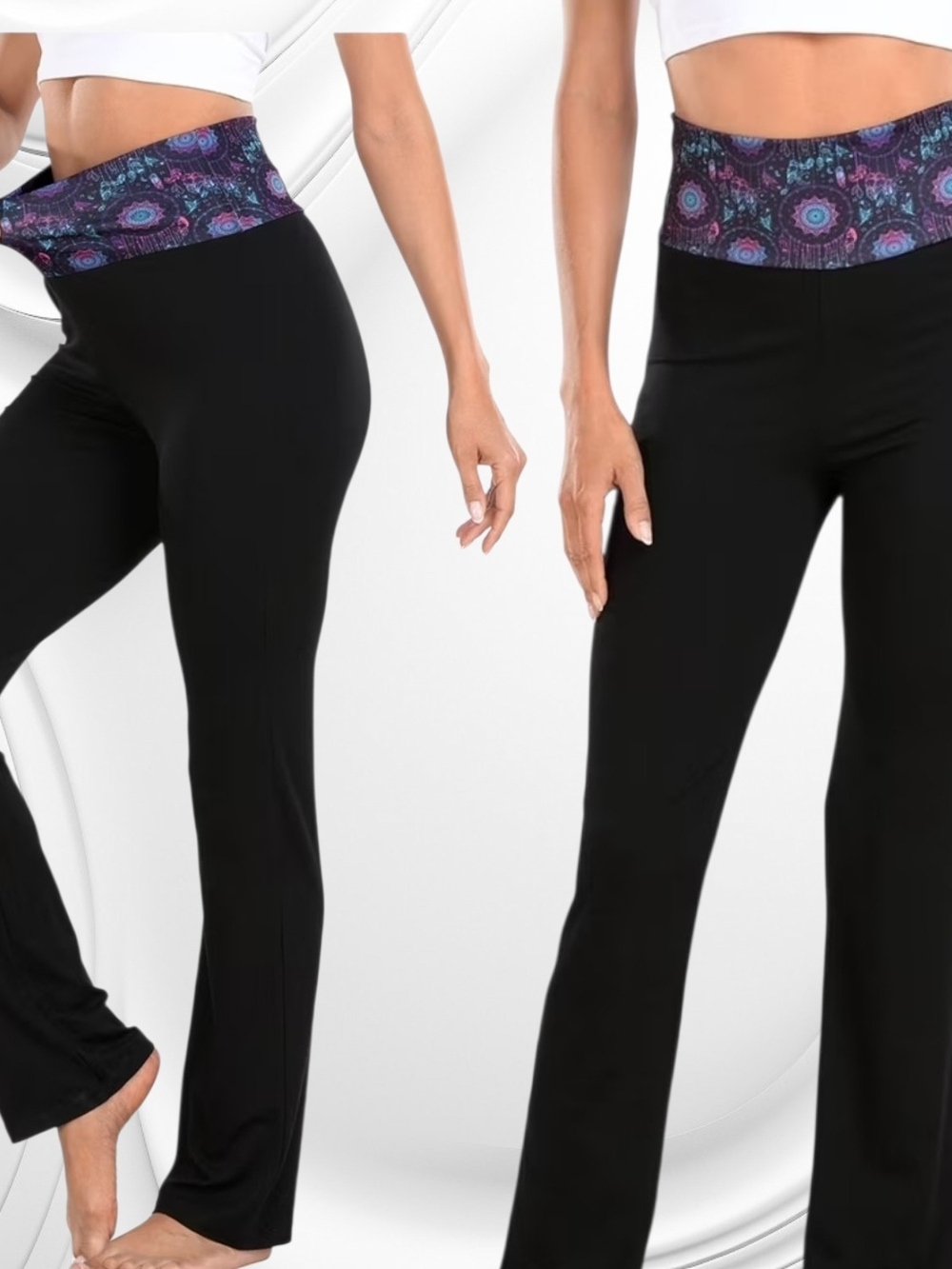 No Boundaries Black Boot Cut Yoga Pants with Purple Patterned Waistband
